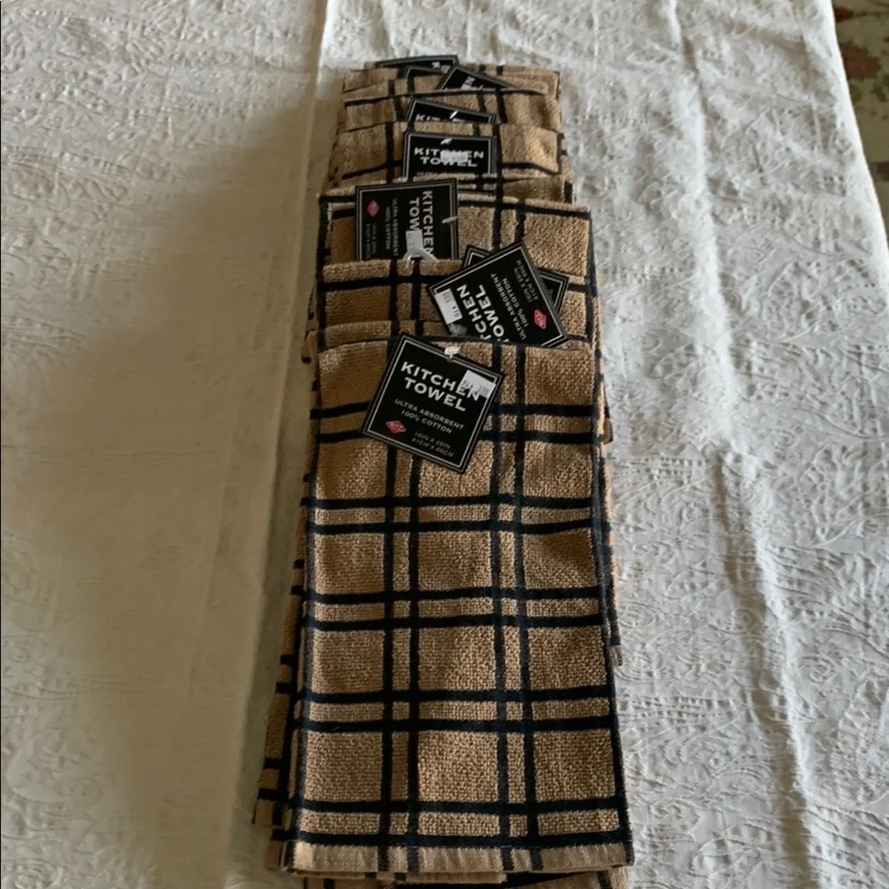 NWT All 12 - Large Cotton 16in x 26in Plaid Tan and Black KITCHEN Towels Set - Picture 4 of 9